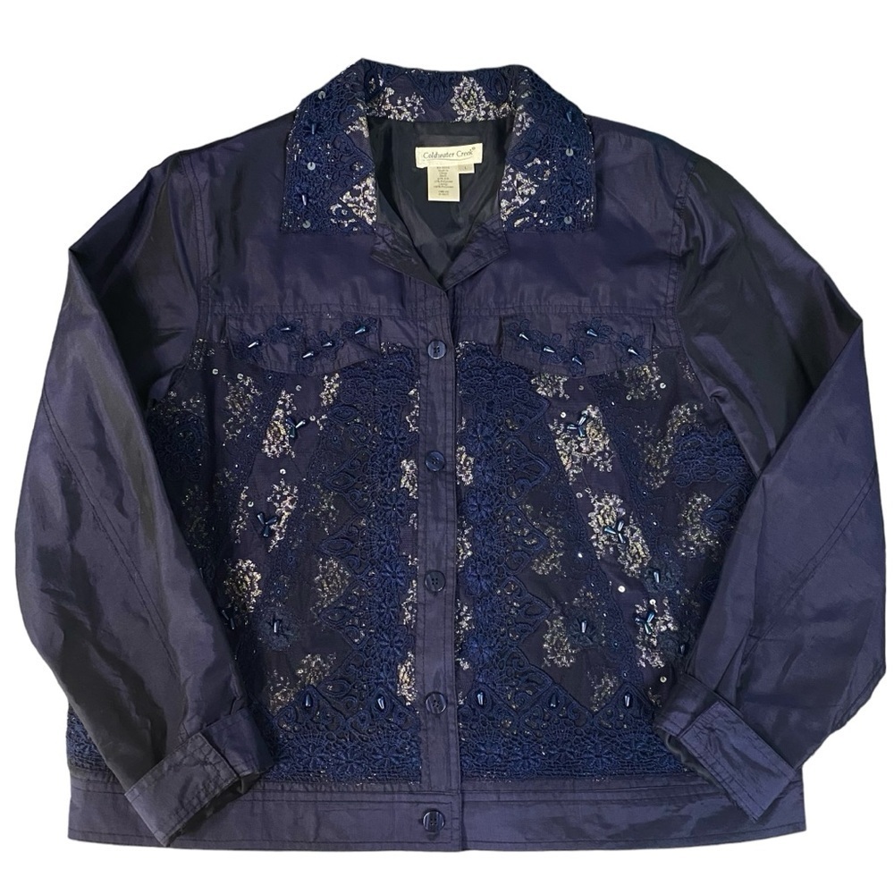 Coldwater Creek Blue Silk Embroidered Beaded Full Button Down Jacket Size Large